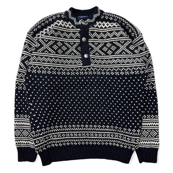 Vintage Tommy Hilfiger Fair Isle Winter Snowflake Holiday Sweater Black White L - Picture 1 of 10